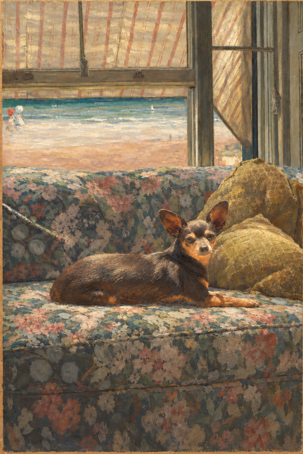 Retrato pintado de um cão preto e caramelo sobre um sofá florido, com vista para o mar